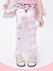 White & Pink Stripes Strawberry and Bunny Print Over Knee Stockings