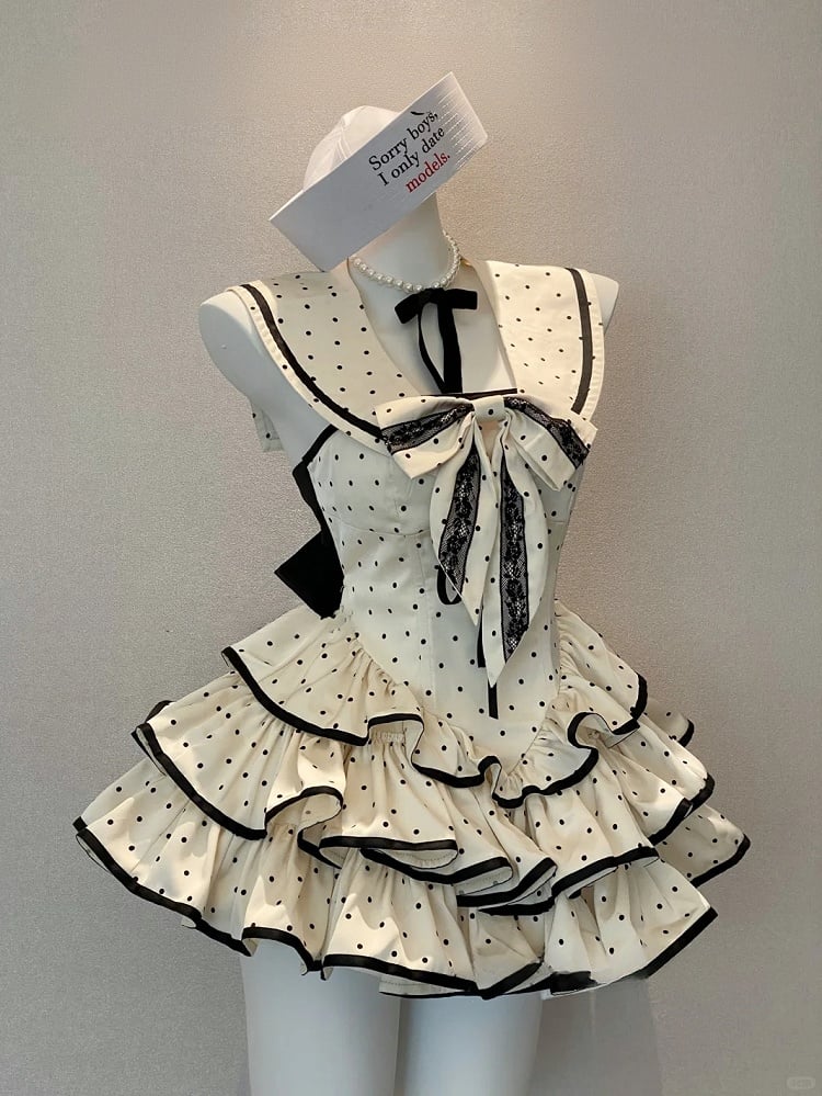 Creamy White and Black Polka Dots Pattern Strapless Dress with Detachable Sailor Collar