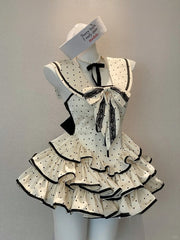 Creamy White and Black Polka Dots Pattern Strapless Dress with Detachable Sailor Collar