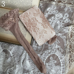 Khaki Fishnet Underknee Stockings/Lace Trims Underknee Stockings/Black Fishnet Socks/Heart-shaped Studded Leg Loop