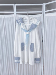 Jirai Kei White Long Top with Blue Sailor Collar & Cross Halter Neck