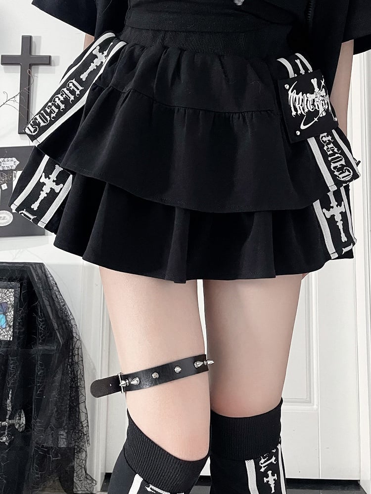 Punk Black Multi-Layer Ruffle Skirt with White Cross & Font Side Stripes