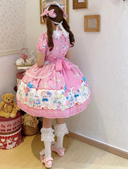Lamb and Bunny Print Pink Short Sleeves Sweet Lolita Peter Pan Collar Dress