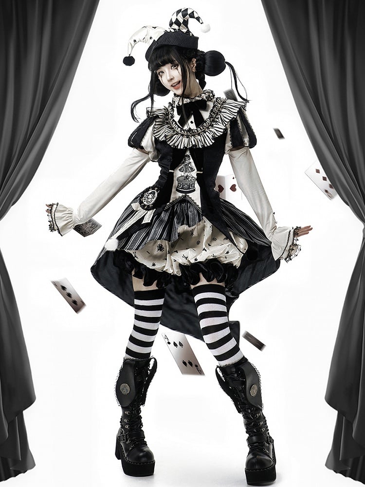 Black and White Circus Vibes Sweet Lolita Full Set- Puff Sleeves Clown Top + Hi-lo Skirt + Accessories