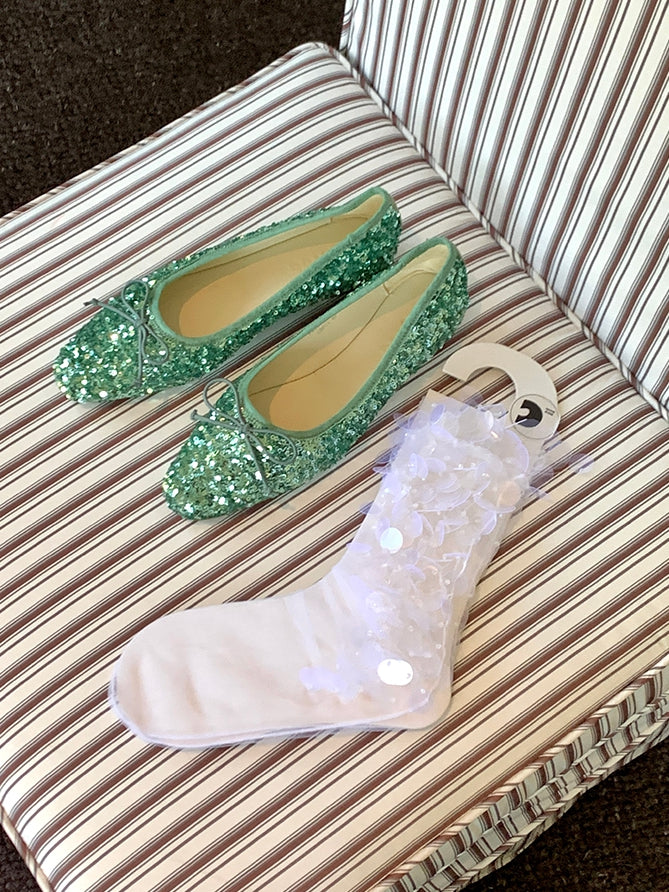 White Sequins Details Calf Socks