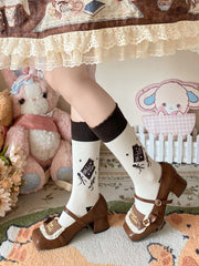 White Chocolate Print Bowknot Details Lolita Calf Socks
