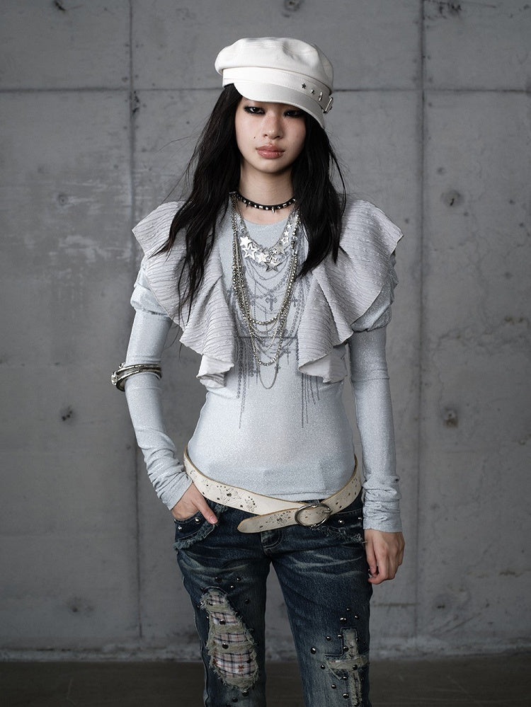 Dusty Blue Chain Print Top with Juliette Sleeves & Flutter Overlays