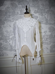 White Ruffle Neckline Leg-of-Mutton Sleeves Blouse