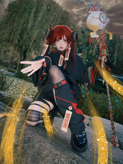 Talisman Embroidered Techwear Jacket - Black & Red Little Zombie  Cheongsam Goth Style