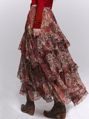 Vintage Red Tiered Skirt - Floral Print & Asymmetrical Hem