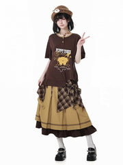 Yellow Colorblock Design Box Pleat Ankle Length Skirt