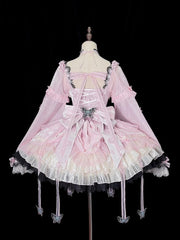 Pink Butterfly Fabric Chinoiserie Lolita Halter Neck Dress with Frog Buttons and Wide Sleeves