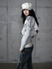 Dusty Blue Chain Print Top with Juliette Sleeves & Flutter Overlays