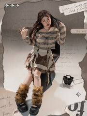 Plus Size Asymmetrical Neckline Wasteland Punk Brown Striped Coverup