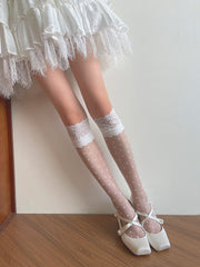 White Lace Cuff Polka Dot Pattern Semi-Sheer Stockings