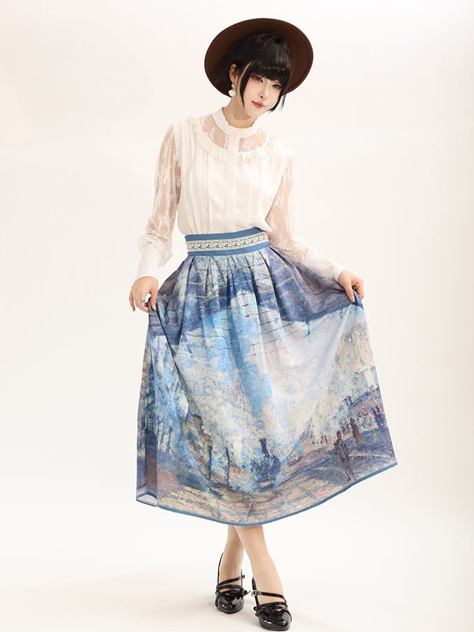 Gare Saint-Lazare Oil Painting Print Blue High Waist Skirt Short Version