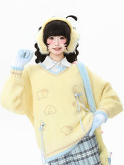 Yellow/Blue Daily Kawaii V-neck Sweater with Dog Pattern & Bow-shaped Clips