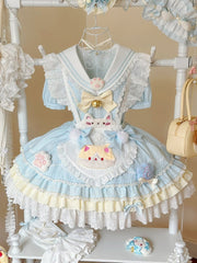 Light Blue Kitty-themed Sailor Collar Sweet Maid Lolita Dress with Heart Apron