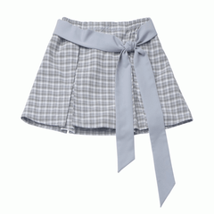 Dusty Blue Box Pleat Plaid Skirt Short/Long Version with Waist Belt