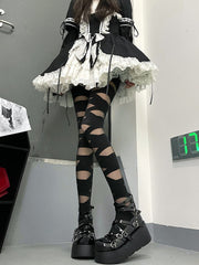 Y2K Style Black/White Cross Strap Design Tights