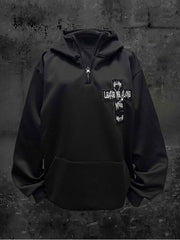 Y2K Black Hoodie with Cross Embroidery Applique and Partial Zip Placket