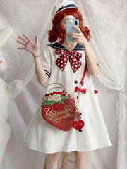 Strawberry PU Bag with Adjustable Strap & Floral Accents