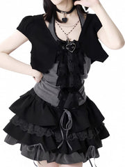 Y2K Black and Gray Three Pieces Set - Short Sleeves Cropped Top+Halter Neck Top+Tiered Skirt