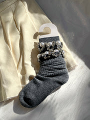 White/Gray/Milk White Under-the-Knee Stackable Socks with Bead & Rhinestone