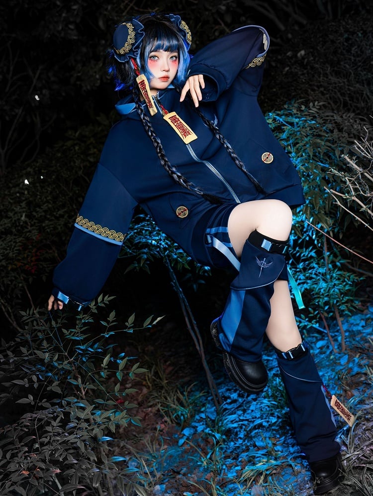 Cheongsam Goth Little Zombie Techwear Set: Navy Hooded Jacket, Shorts, Leg Warmers & Hairclips