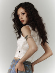 Y2K White Butterfly Print Slim Fit Tank Top