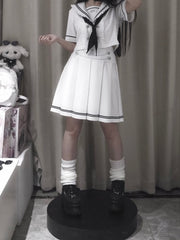 White Navycore JK Uniform Set- Sailor Collar Short Sleeves Top + 39CM / 42CM Pleated Skirt