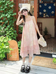 Yume Kawaii Pink Two-pieces Set-	Halter Neck Tiered Skirt Slip Dress+Flutter Sleeves Polka-dot Overdress