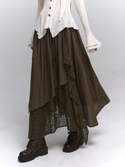 Millard Dark Coffee Wasteland Punk Elastic Waist Maxi Skirt with Floral Embroidery & Asymmetric Hem