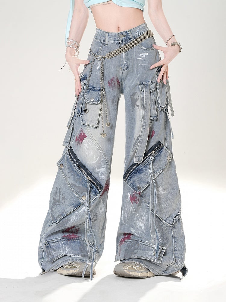 Spray Paint Print Blue Low Rise Zipper Details Distressed Wide-leg Jeans