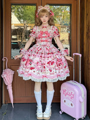 Pink Strawberry Cake Print Sweet Lolita Dress with Scalloped Edge Trim and Bow Accents