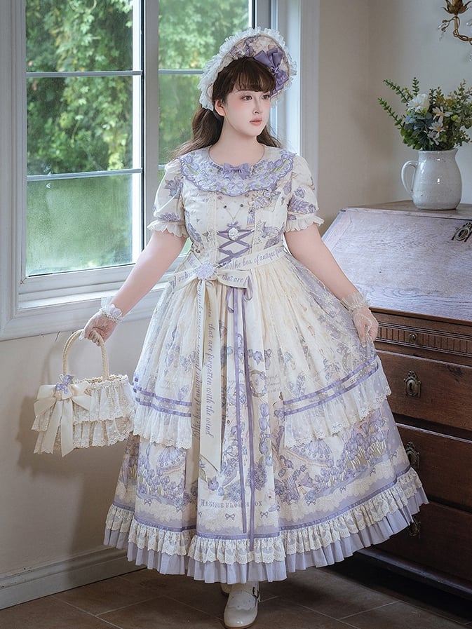 Plus Sizes Available Purple Floral Print and Embroidery Classic Lolita Short Sleeves Dress