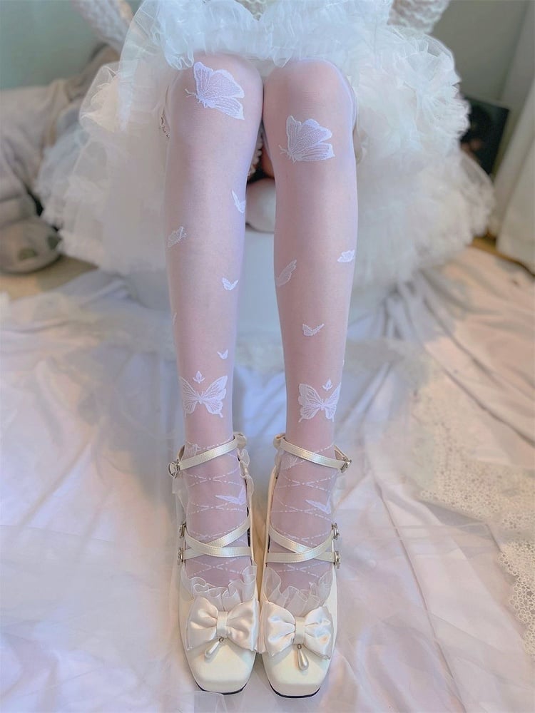 Butterfly Pattern Black/White Over Knee Stockings