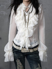 Beige Vintage Princess Blouse with Tiered Flounce Lace & Tie-Neck Detail