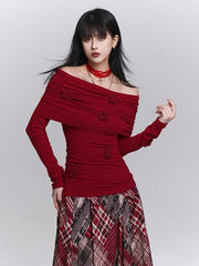 Red Christmas Off-the-shoulder Neckline Long Sleeves Top with Floral Design