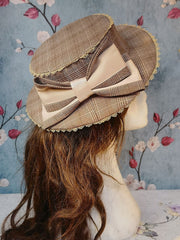Brown/Blue Plaid Lolita Hat with Large Bow and Lace Trim