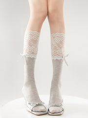 White/Light Gray/Black 30CM Lace Cuff Calf Socks with Bow Decoration
