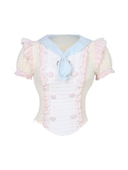 Yellow Puff Sleeve Blouse with Blue Tie Collar