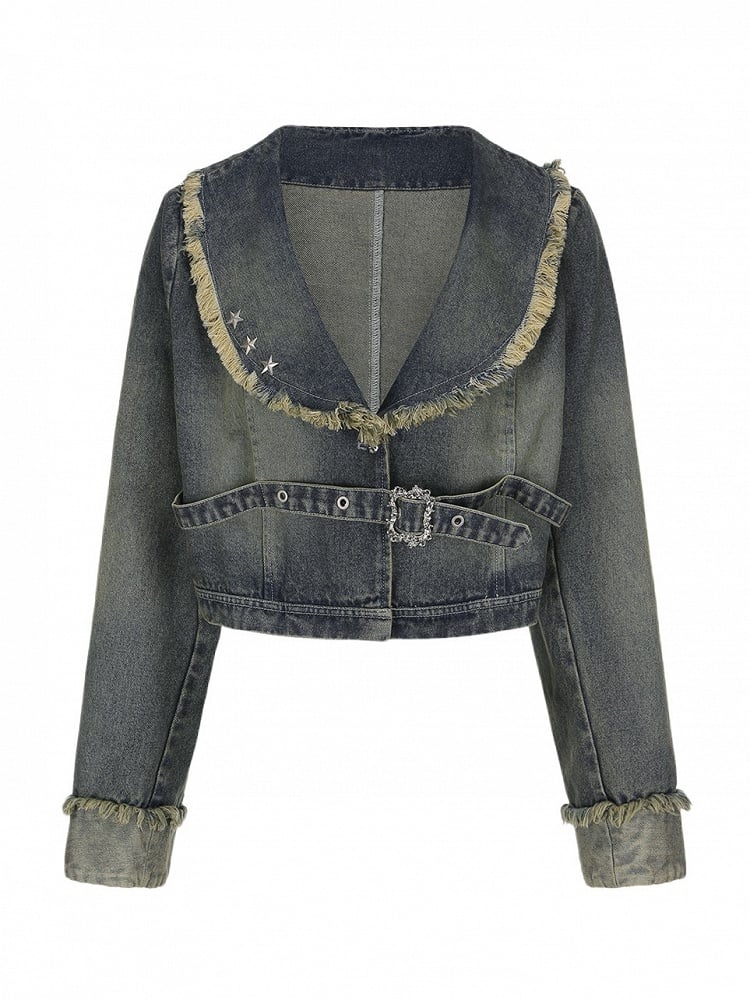 Plus Size Wasteland Punk Y2K Gray-Blue Crop Denim Jacket with Raw Hem