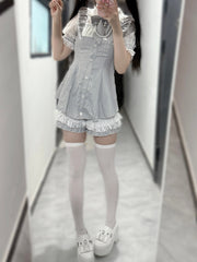 Gray Striped Jirai Kei Set- Illusion Neckline Lace-up Back Mini Dress + Shorts + Bow Tie