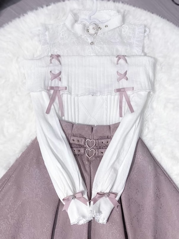 White & Pink Jirai Kei Knit Sweater：Illusion Buckle Neckline with Open Shoulder