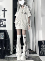 White Leg Warmers with Black Gothic Cross & Font Stripe