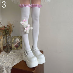 White Overknee Stockings with Pink and White Plaided Ruffle Trim/Plush Rabbit Leg Loop