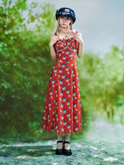 Red Polka-dot Pattern Slit Dress With Cat and Bird Print