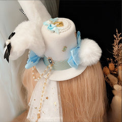 White&Blue Alice in Wonderland Vibes Plushie Bunny Ears Mini Hat KC