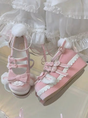 Round Toe Pink Sweet Lolita Platform Shoes with Bow Details, Lace Trim & Bunny Motifs